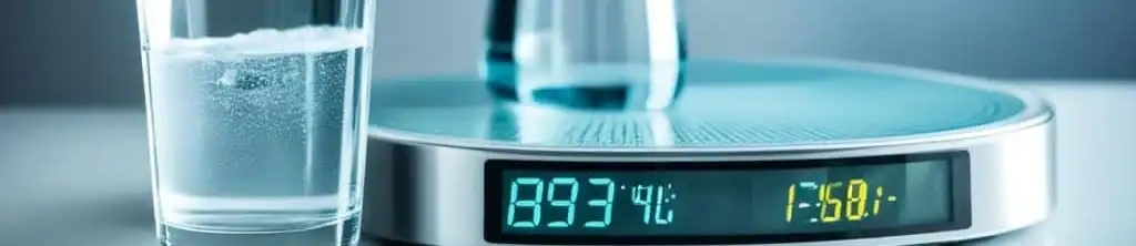 Gelas ukur berisi 1 liter air di samping timbangan digital yang menunjukkan 1 kilogram